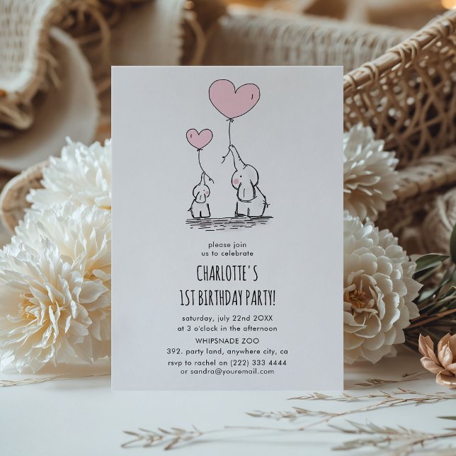 Cute Pink Elephant Girls minimal Birthday Party Invitation (Creator Uploaded)