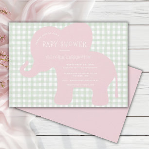 Cute Pink Elephant Green Gingham Baby Shower  Invitation