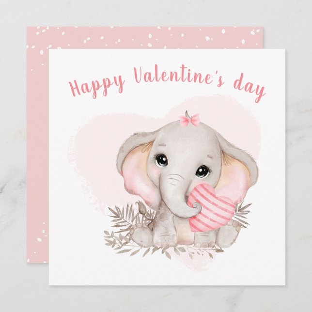 Cute Pink Elephant Heart Girl Valentine's day Card (Front/Back)