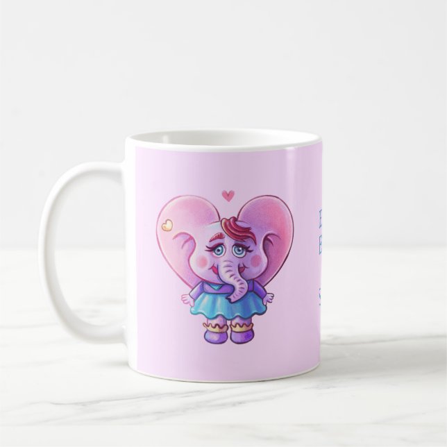 Cute Pink Elephant In Love ( with your Name) Coffee Mug (Left)