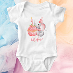 Cute Pink Elephant Modern Baby Girl 1st Birthday Baby Bodysuit