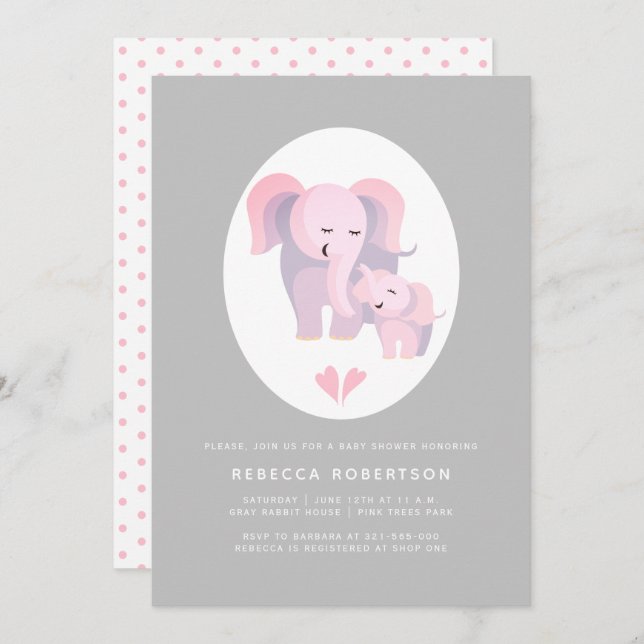 Cute pink elephant mother and baby girl shower invitation (Front/Back)