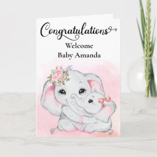 Cute Pink Elephant Mother Baby Congratulations  Card