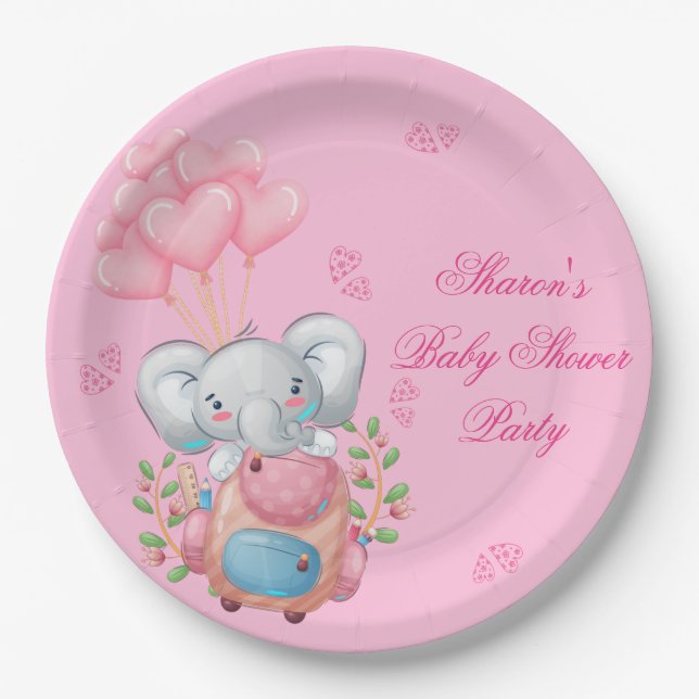 Cute Pink Elephant Paper Plate (Front)