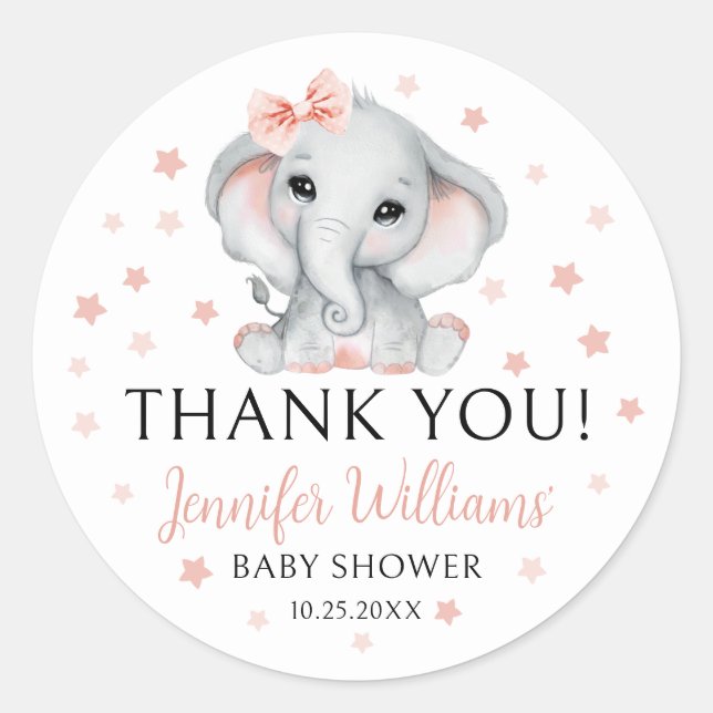 Cute Pink Elephant Stars Baby Girl Shower Sticker (Front)