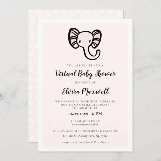 Cute pink elephant Virtual Baby shower Invitation (Front/Back)