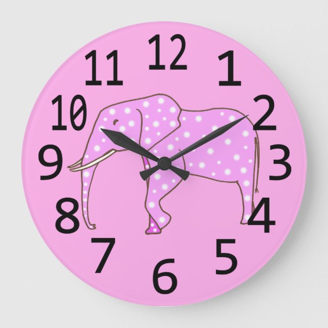 Cute Pink Elephant White Polka Dots Wall Clock (Front)