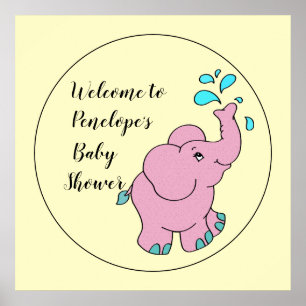 Cute Pink Elephant with Your Name Baby Shower  Poster