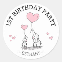 Cute Pink Elephants & Hearts | Girl 1st Birthday