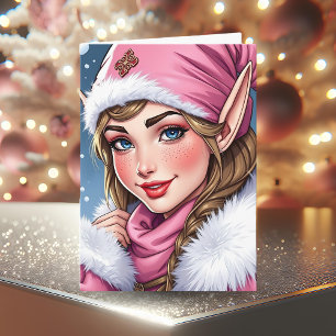 Cute Pink Elf   Merry Christmas Card