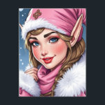 Cute Pink Elf | Merry Christmas Personalised Holiday Postcard<br><div class="desc">Cute personalised Christmas postcards with an adorable illustration of a female elf in pink with snow falling in the background. On the back you can personalise your address and holiday greeting.</div>