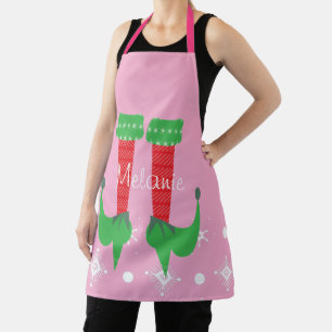 Cute Pink Elf Name Snowflakes Christmas Apron