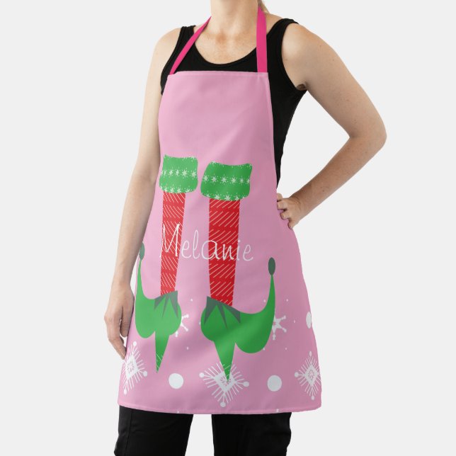 Cute Pink Elf Name Snowflakes Christmas Apron (Insitu)