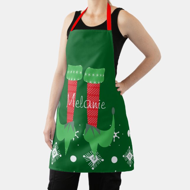 Cute Pink Elf Name Snowflakes Christmas Apron (Insitu)