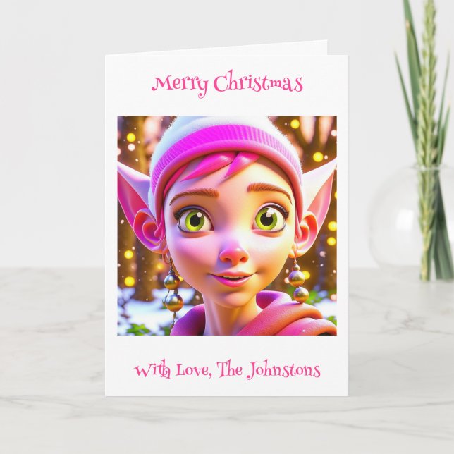 Cute Pink Elf Whimsical Personalised Christmas Card (Front)