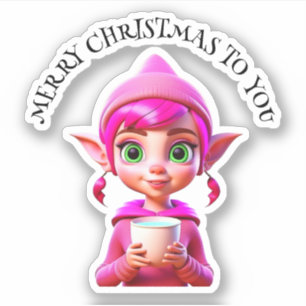 Cute Pink Elf with Coffee or Cocoa Christmas