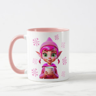 Cute Pink Elf with Coffee or Cocoa Christmas Mug