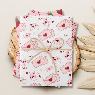 Cute Pink Envelop and Strawberries Wrapping Paper Sheet