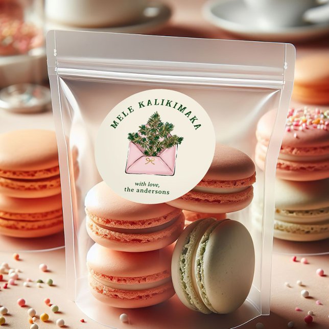 Cute Pink Envelope Holly Greenery Mele Kalikimaka  Classic Round Sticker (Creator Uploaded)