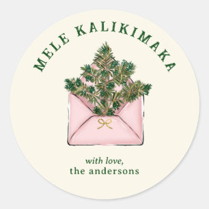 Cute Pink Envelope Holly Greenery Mele Kalikimaka Classic Round Sticker