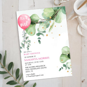 cute Pink eucalyptus Balloon It's Girl Baby Shower Invitation