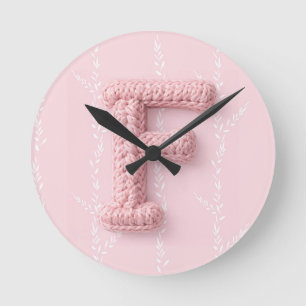Cute pink F monogram initial crocheted letter boho Round Clock