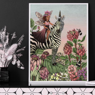 Cute Pink Fairy on Zebra Unicorn Floral Art  Poster
