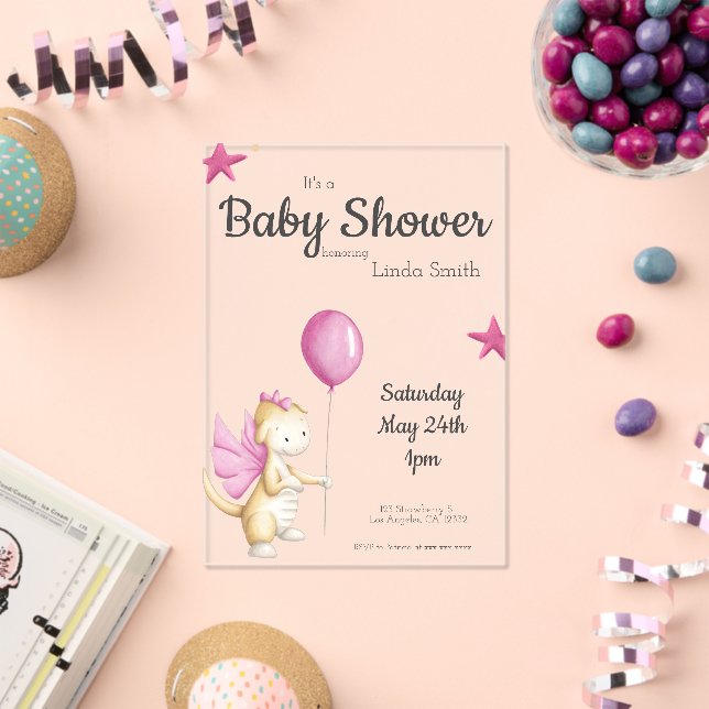 Cute Pink Fairytale Dragon Girl Baby Shower Acrylic Invitations (Insitu (Celebration))