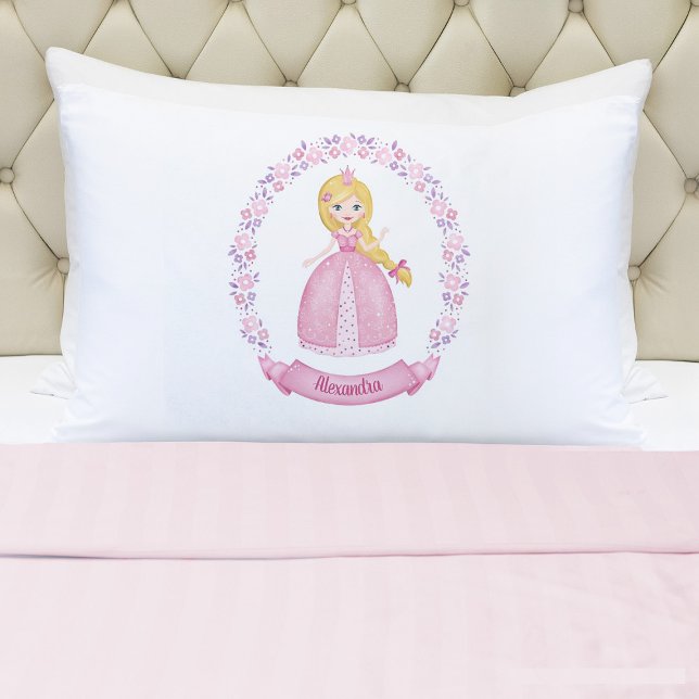Cute Pink Fairytale Princess Pillowcase (A cute girls pink princess pillowcase. Personalize it with your girls name. So cute for her bed.)