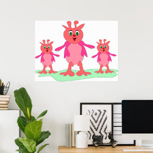 Cute Pink Fantasy Creatures Whimsical Aliens Poster