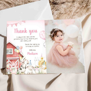 Cute Pink Farm Animals 1st Birthday Photo Thank You Card
