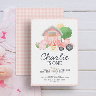 Cute Pink Farm Animals Girl 1st Birthday Invitation