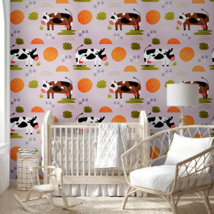Cute Pink Farm Animals Pattern Kids Nursery Room Wallpaper