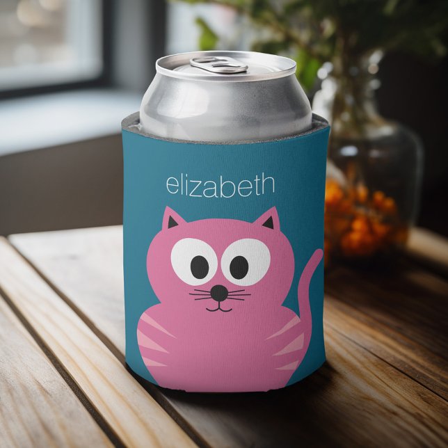 Cute Pink Fat Cat - Blue Background Can Cooler (Personalized can cooler with a place to add a name or other custom text)