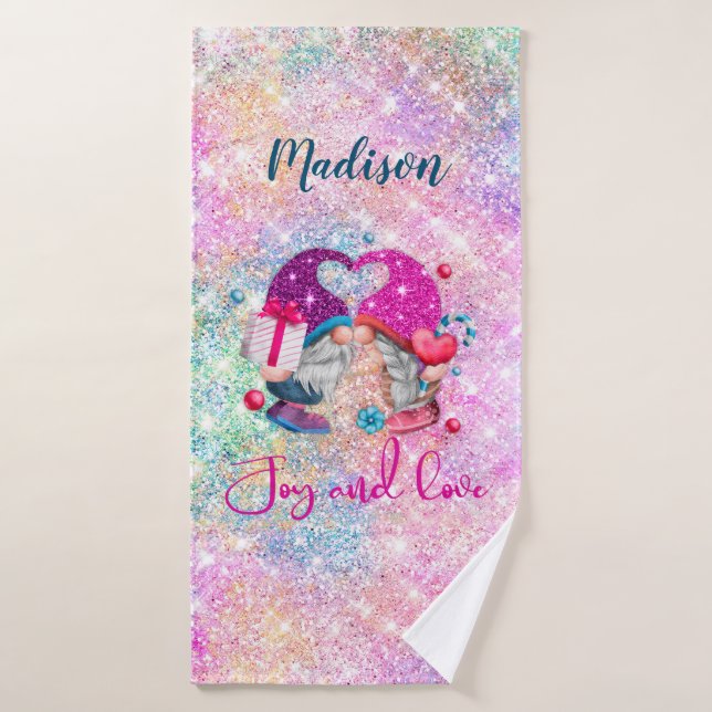 Cute pink faux glitter gnome Christmas monogram  Bath Towel Set (Bath Towel)