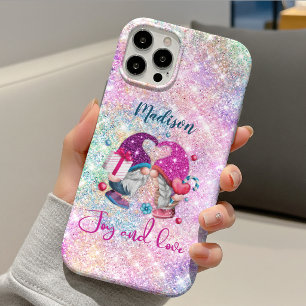 Cute pink faux glitter gnome Christmas monogram Case-Mate iPhone Case