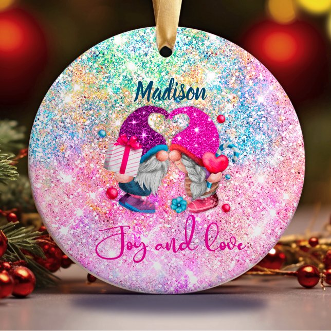 Cute pink faux glitter gnome Christmas monogram Ceramic Tree Decoration (Creator Uploaded)