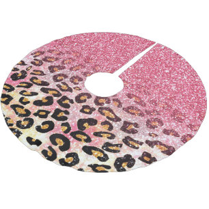 Cute pink faux glitter leopard animal print brushed polyester tree skirt