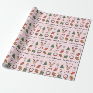 Cute Pink Festive Kids Christmas Holiday Pattern Wrapping Paper