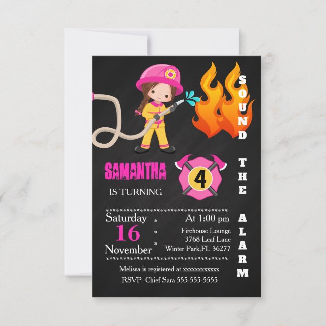 Cute Pink Firefighter Birthday Invitation (Front)