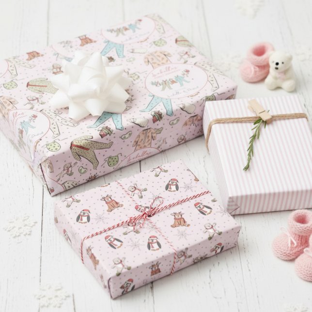 Cute Pink First Christmas Winter Pyjamas Wrapping Paper Sheet (Baby Girl 1st Christmas Wrapping Paper Pastel Pink. Cute Winter Xmas PJ's, Stuffed Animals, Stripes)