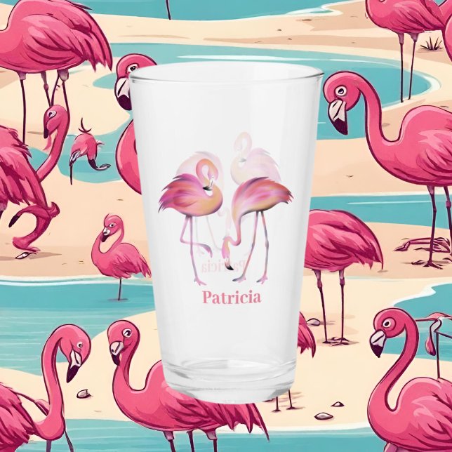 cute pink flamingo add name beach Glass (Creator Uploaded)