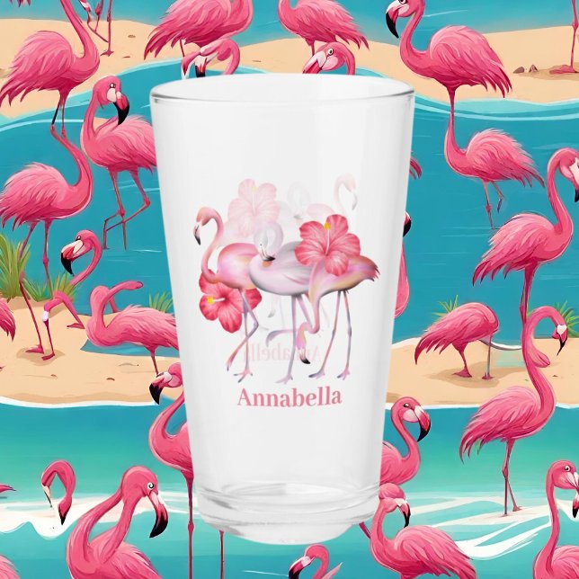 cute pink flamingo add name beach glass (Creator Uploaded)