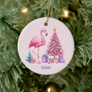 Cute pink flamingo add name year ceramic tree decoration