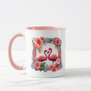 Cute pink flamingo add names Wedding Date  Mug