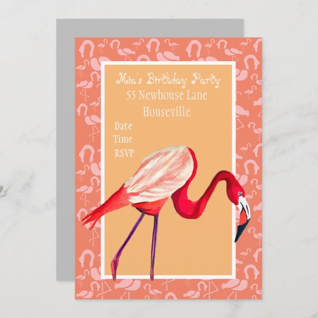 Cute pink flamingo art girl Party Invitation (Front/Back)