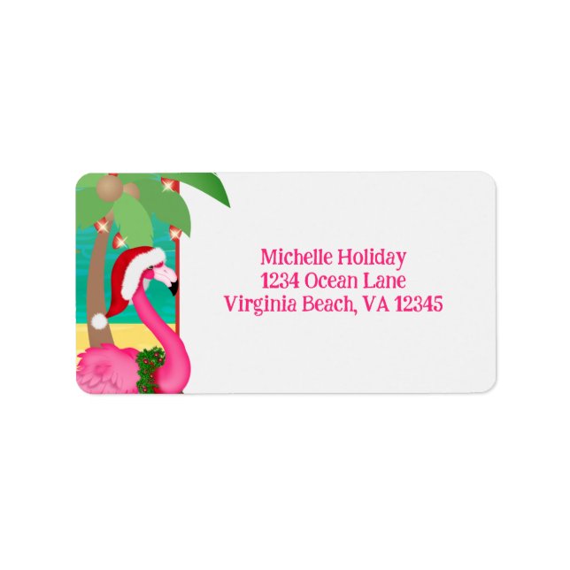 Cute Pink Flamingo Beach Christmas Holiday Address Label (Front)