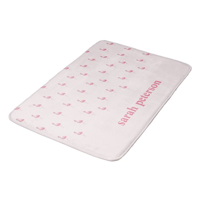 Cute pink flamingo custom name pink bath mat (Angled)