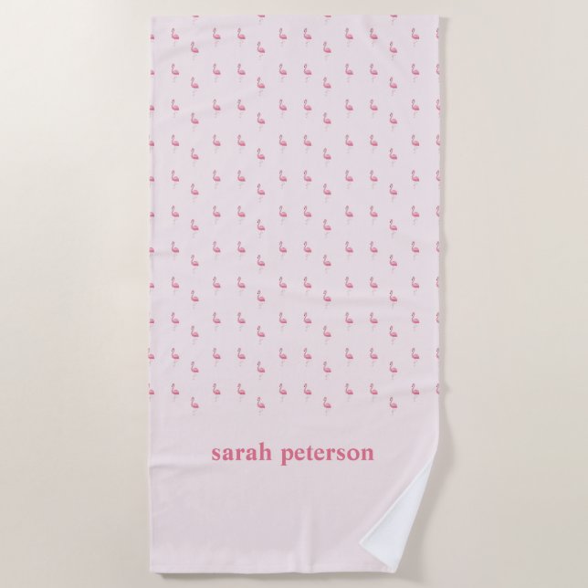 Cute pink flamingo custom name pink beach towel (Front)