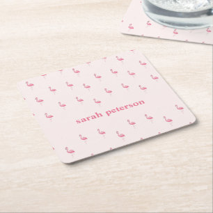 Cute pink flamingo custom name pink square paper coaster